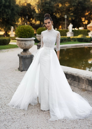 Ivory Lace Pearl Embellished Wedding Dress With Removable Train Ivory Lace Pearl Embellished Wedding Dress With Removable Train